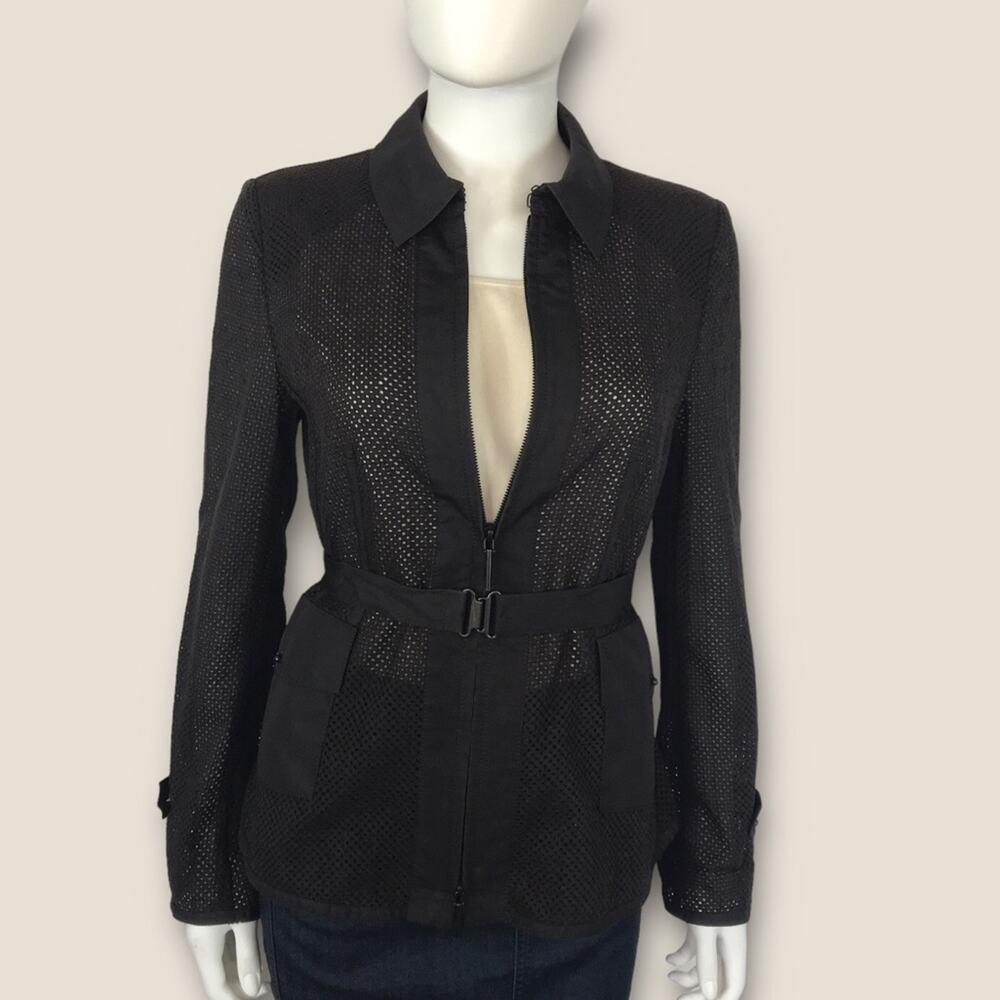 Akris Brown Cotton Jacket Mesh Full Front Zip with Belt Blazer